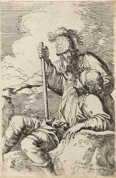 Three Warriors, One Seated on a Foreground Rock Holding a Staff; the Second Standing Behind Him Pointing; the Third Seen as a Face Behind Them by Salvator Rosa